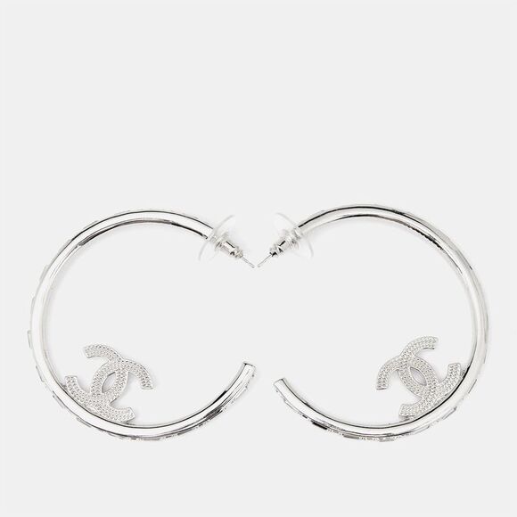 Chanel  CC Crystals Silver Tone Hoop Earrings - Picture 4 of 4